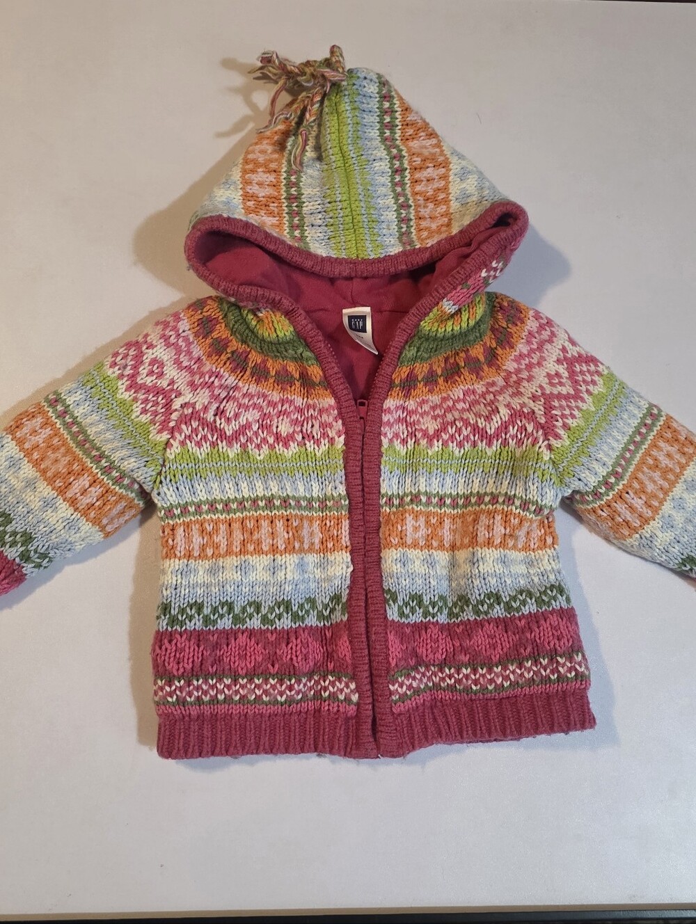 Vintage Gap Girls Size 6-12mo Multicolor Cozy Hooded Knit Sweater - Pink Accent